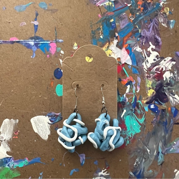 White and Blue Messy Ball Earrings - Picture 5 of 5